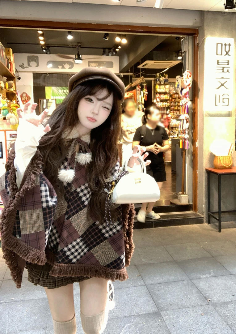 复古格纹斗篷秋季英伦风宽松显瘦披肩外套