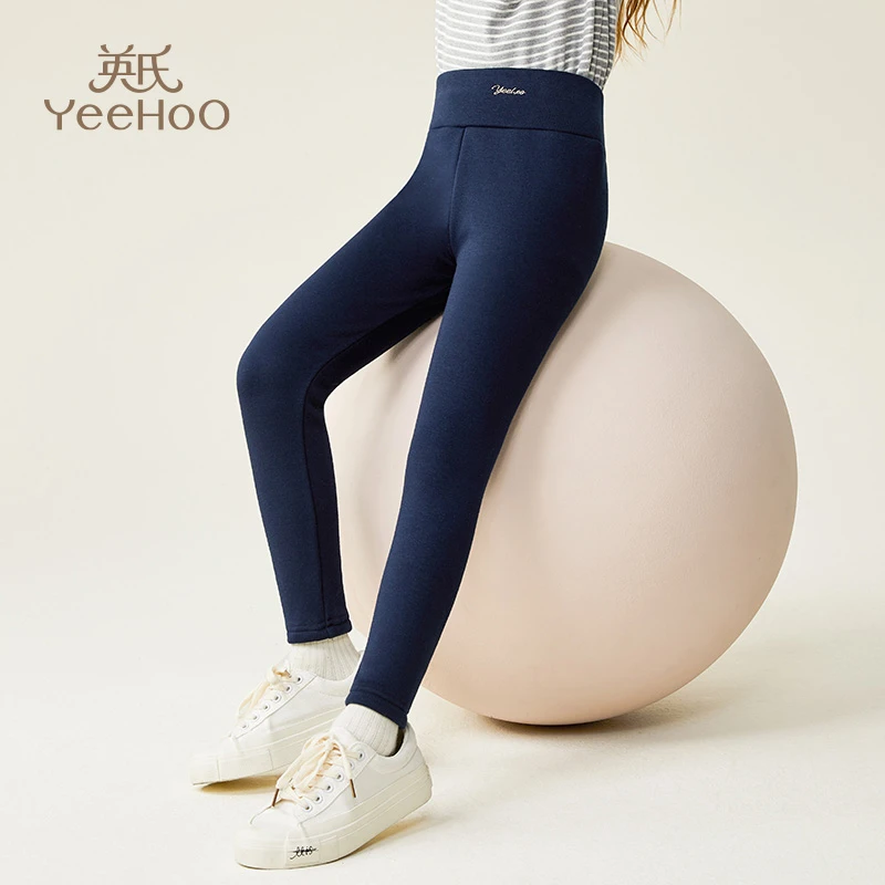 英氏【加绒高腰裤】女童高腰打底裤加绒加厚中大童运动百搭长裤