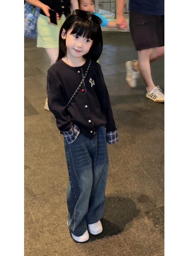 女童2025秋季新款卡通针织衫牛仔裤洋气时尚舒适中大童两件套潮酷