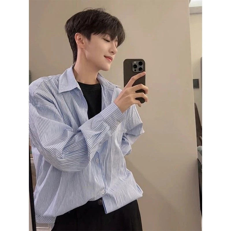 美式复古蓝色条纹衬衫设计感高级cleanfit外套潮牌欧美街头衬衣男