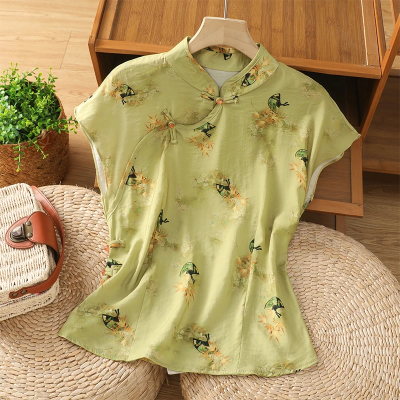 新中式亚麻衬衫女短袖夏季新款立领国风碎花上衣改良盘扣棉麻小衫