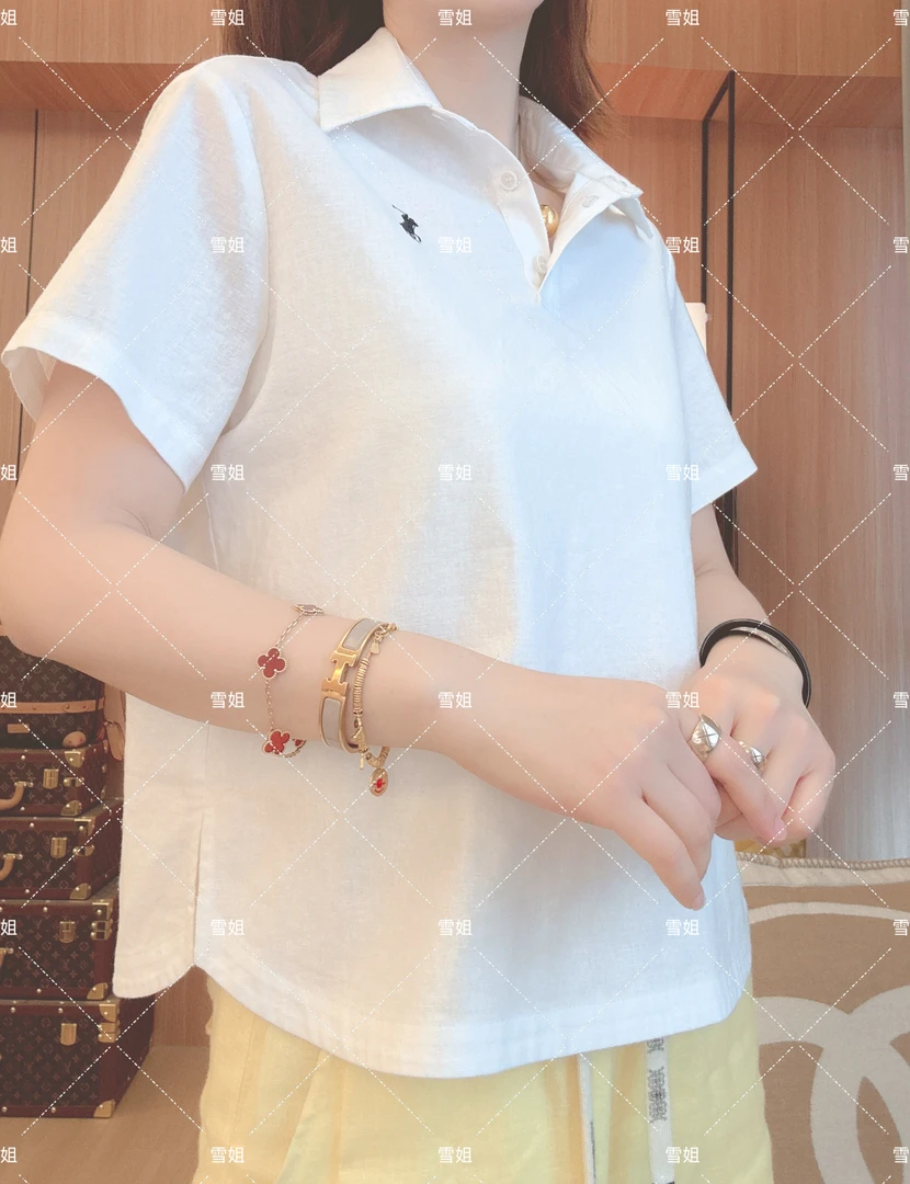 雪姐服饰「棉麻马儿polo」新款刺绣马儿棉麻翻领短袖简约百搭polo衫