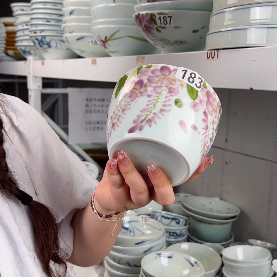 手工绘画高温釉下彩微瑕紫藤花5寸鸡盅（单只装）