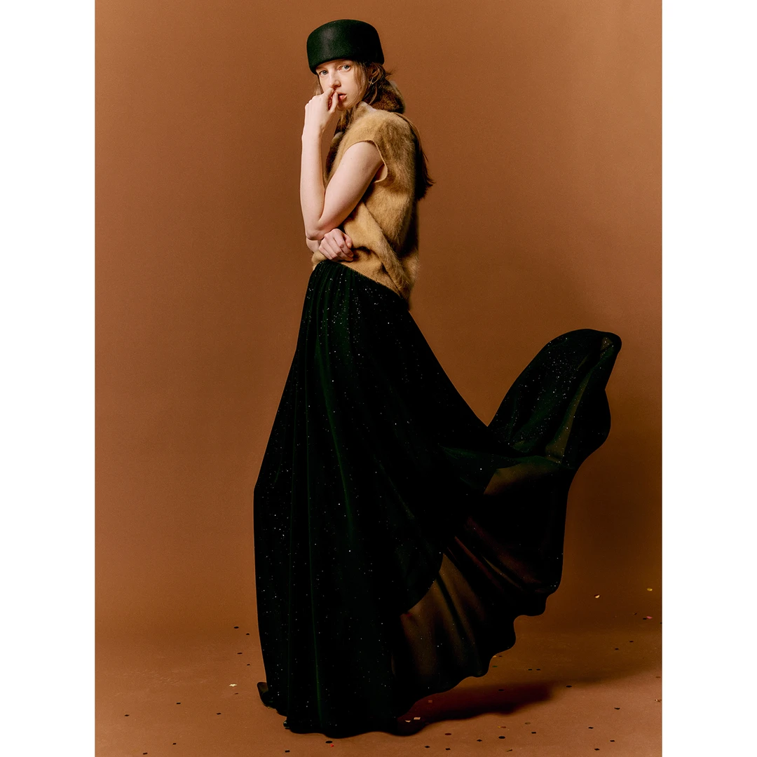 玖着“曼舞”独家定制高级氛围仙雾朦胧烫银亮闪松紧腰大A摆纱裙