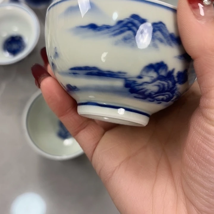 陶摆件青花富春山居图鸡心杯