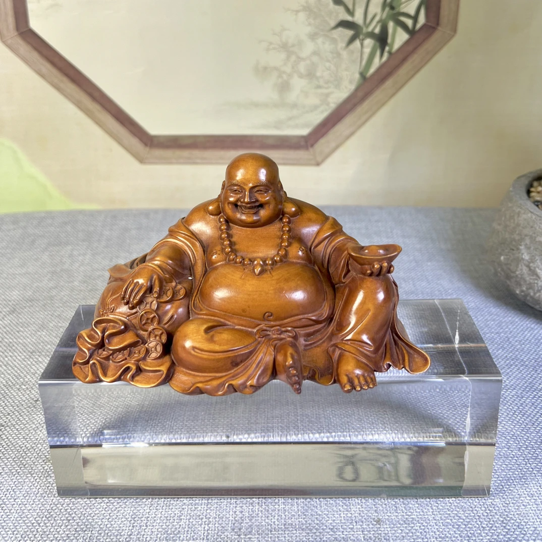 小叶黄杨木仿古（坐姿弥勒佛）长度12高度7办公室家居装饰木雕摆件
