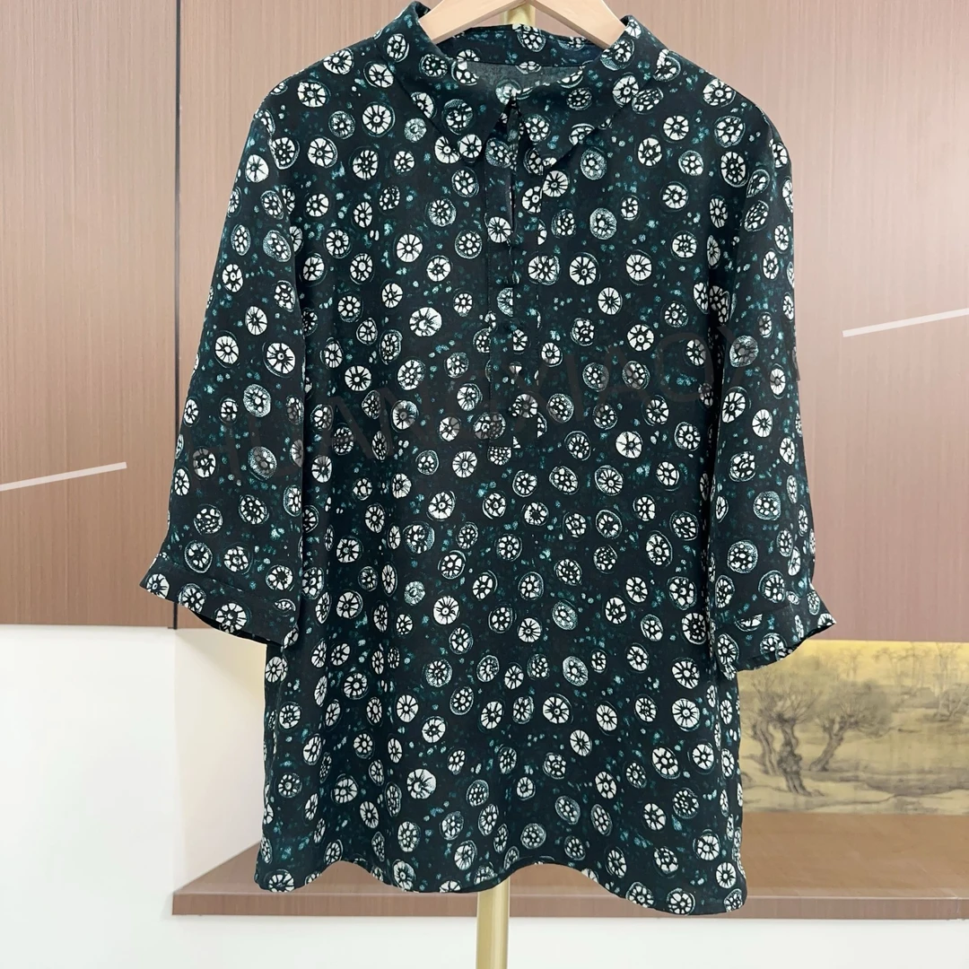 HUANGXIAOXI 小山竹墨绿底翻领气质中袖小衫 HXX-010