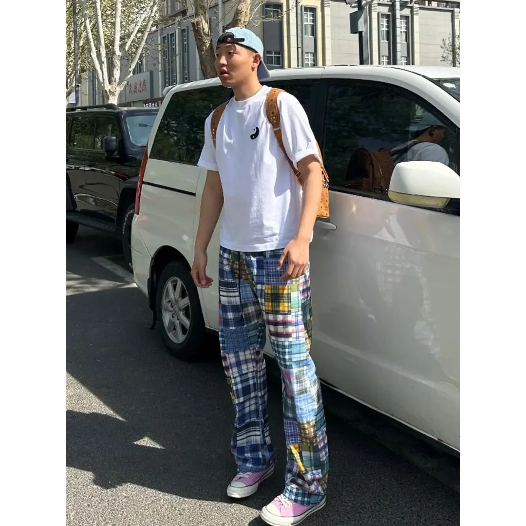 【百家布】春夏弯刀版型抽绳松紧裤男女同款设计拼接感格子长裤