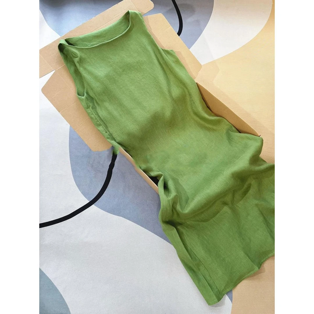 复古绿色吊带扭结亚麻连衣裙女2025新款夏季时尚中长款裙子后妈裙