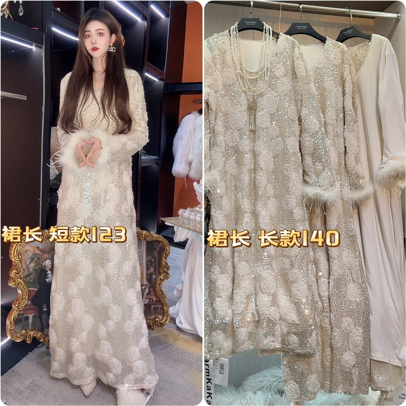 【星夜低语】63457立体珠片花朵V领法式加绒连衣裙大码胖MM