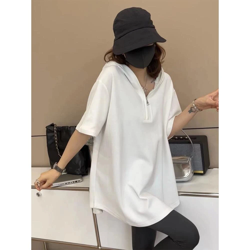 连帽短袖T恤女2025夏季新款减龄大版宽松遮肉显瘦中长款半袖卫衣