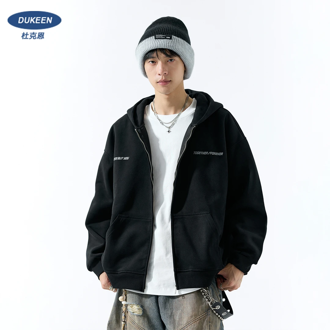 杜克恩美式长袖重磅开衫卫衣男秋冬2025休闲连帽印花拉链外套潮牌
