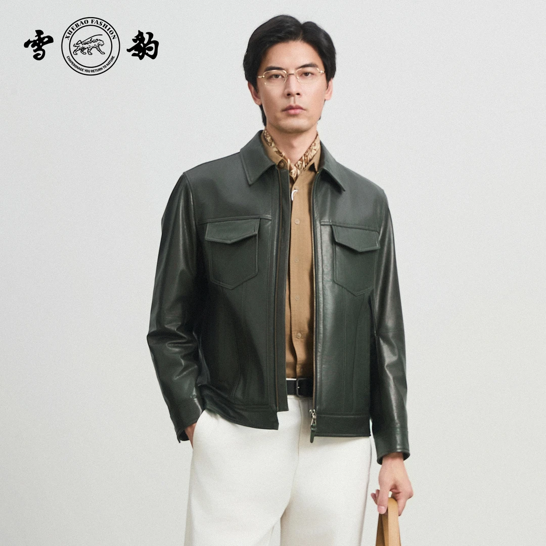 【专柜】雪豹2025新款85367牛皮翻领多口袋真皮皮衣时尚男士皮夹克