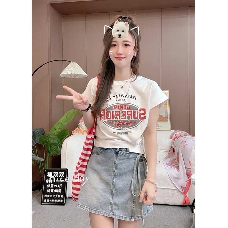 2025夏季圆领短袖印花卡通字母短袖T恤夏季高腰度假风设计感上衣