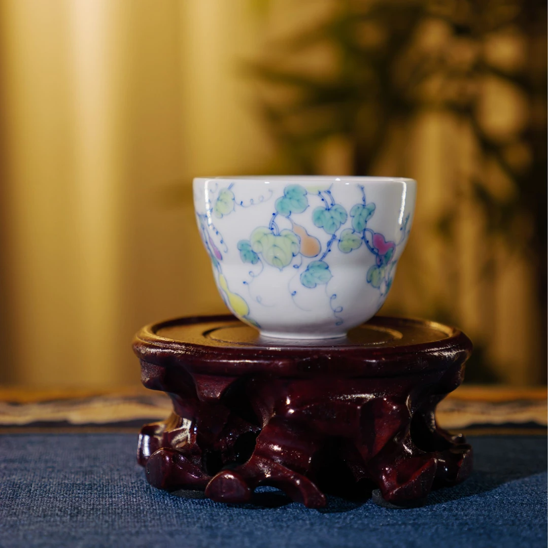 禄意窑青花斗彩葫芦杯（福禄）全手工手绘景德镇陶瓷茶具中式