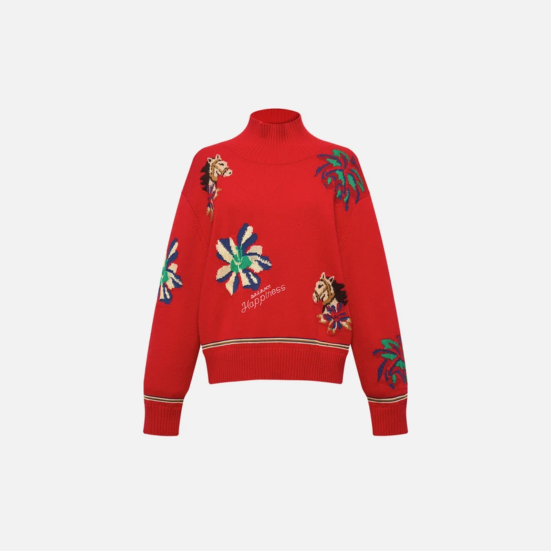 EP雅莹「骏」系列2026新款女装 红色提花针织毛衣高领羊毛衫9533A新