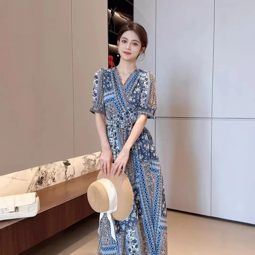 印花中长款法式新款A字裙v领显瘦民族风短袖开叉淑女复古夏春秋