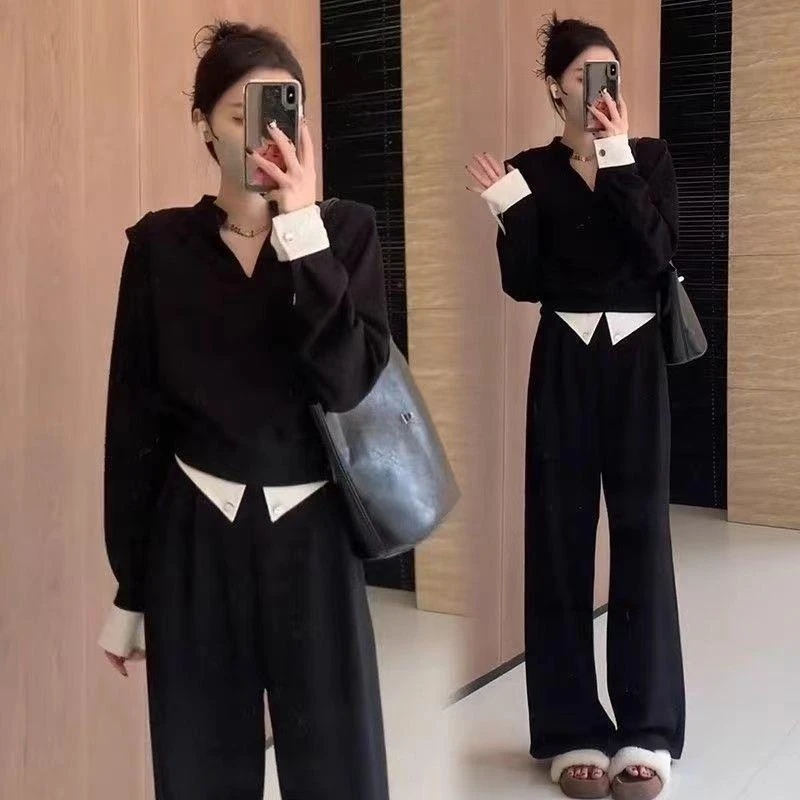 早秋搭配一整套韩系V领拼接撞色时尚长袖卫衣高腰阔腿裤两件套潮