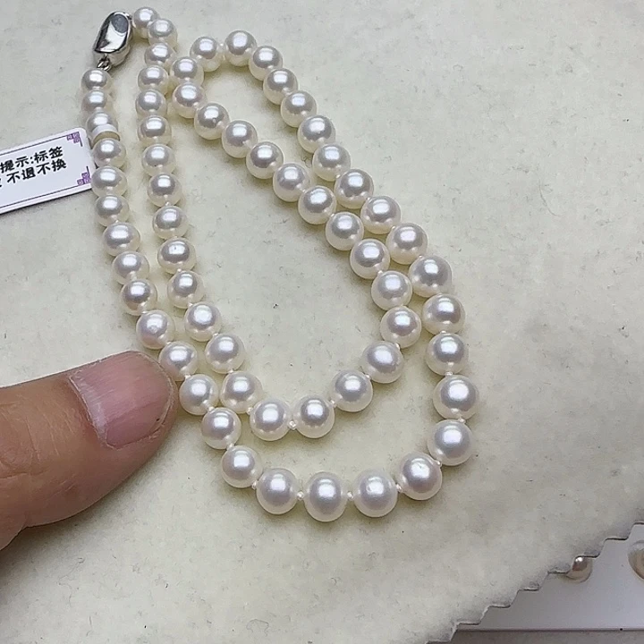 淡水珍珠银S925镶嵌项链7-8mm无核珍珠项链