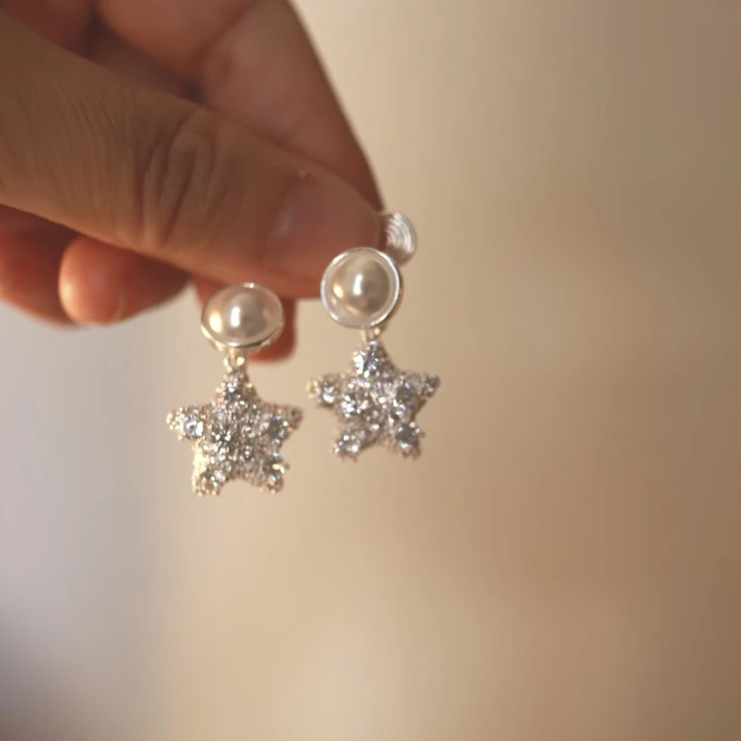 铜合金耳饰 H130闪耀星辰满钻星星耳钉珠珠蚊香盘耳夹无耳洞甜酷