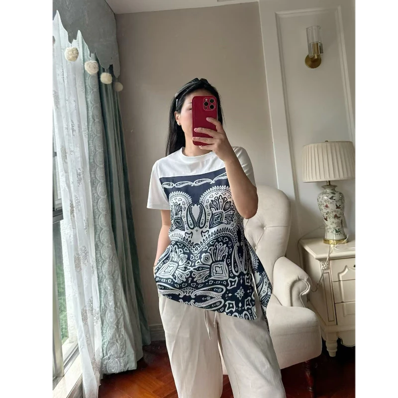 【若衣】拼接印花民族风设计感圆领短袖宽松T恤250322