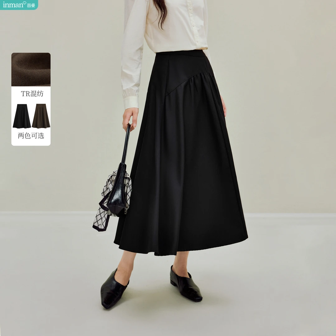 【莫瑞系穿搭】茵曼25秋季法式通勤分割抽褶半身裙简约高腰宽松A字