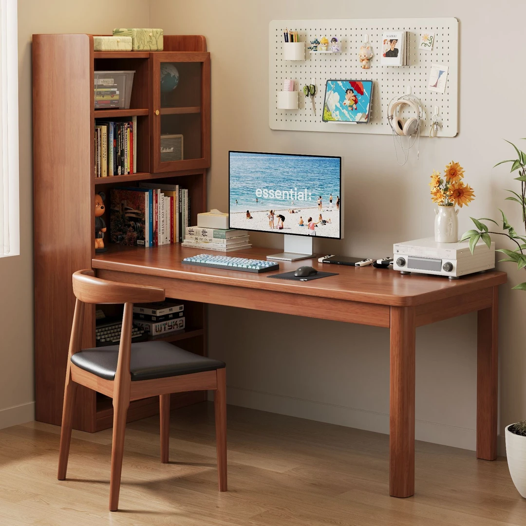 喜二家实木转角书桌书架组合带书柜一体现代简约卧室书房电脑桌