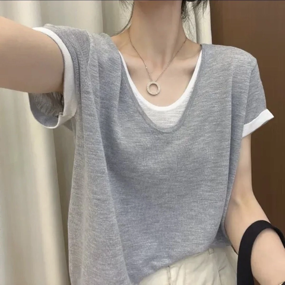 竹节棉假两件设计短袖T恤女薄款夏季新款爆款撞色宽松显瘦上衣女