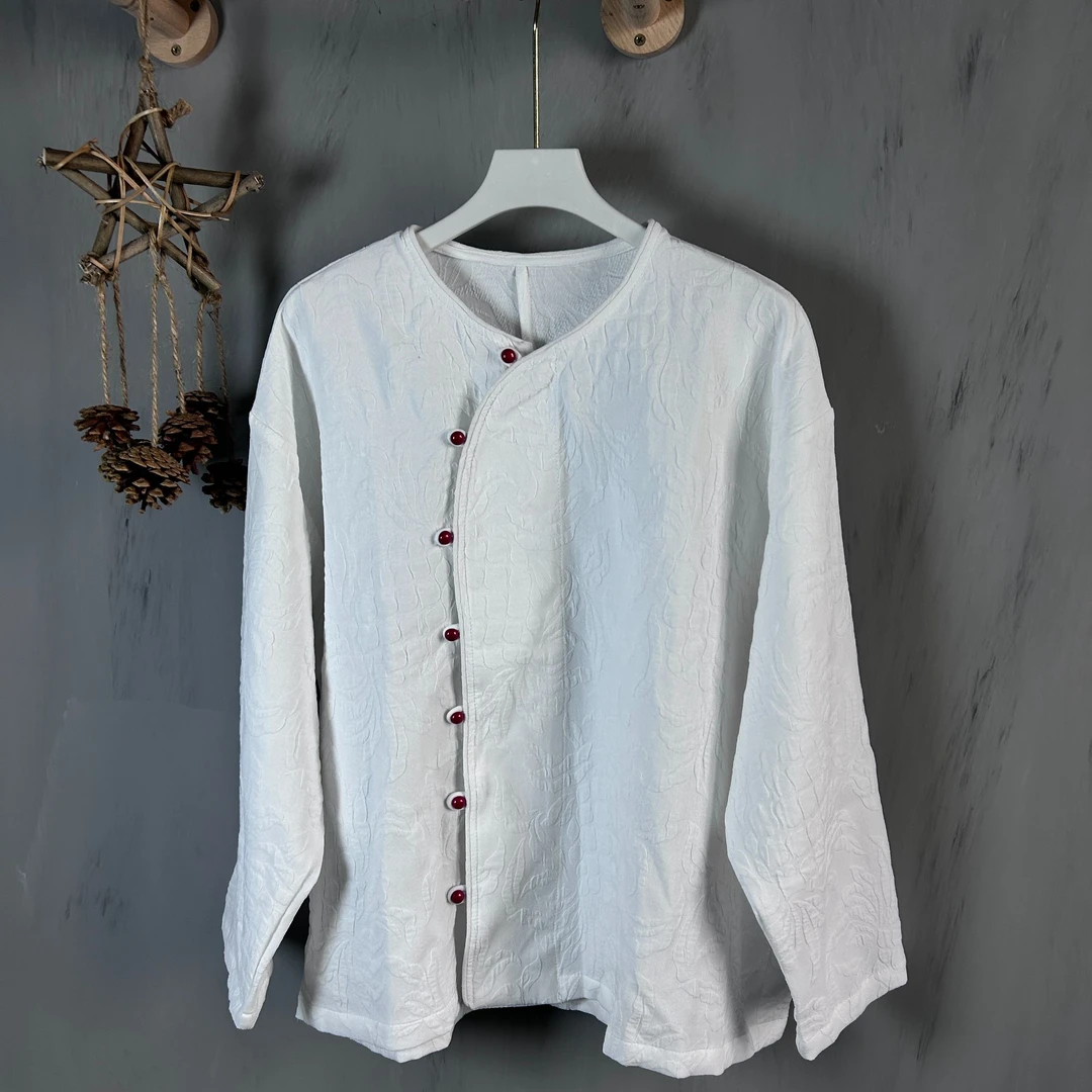 【A-033】2025春季新款棉麻重工提花新中式琉璃扣上衣宽松大版