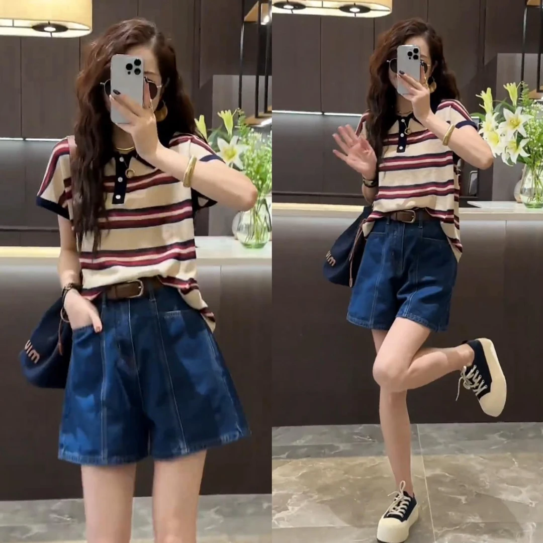 2025年夏季今年爆款套装新款短袖条纹上衣+百搭牛仔短裤两件套女