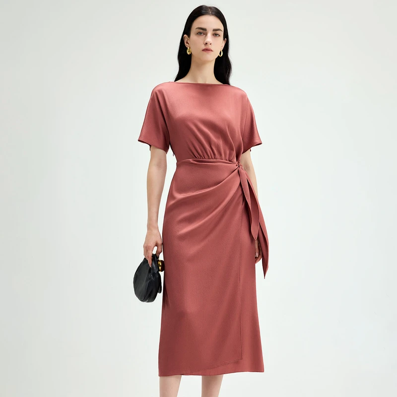 寺山文也 玉英/静奢美学19MM真丝珍珠缎收腰绑带一字领连衣裙女夏