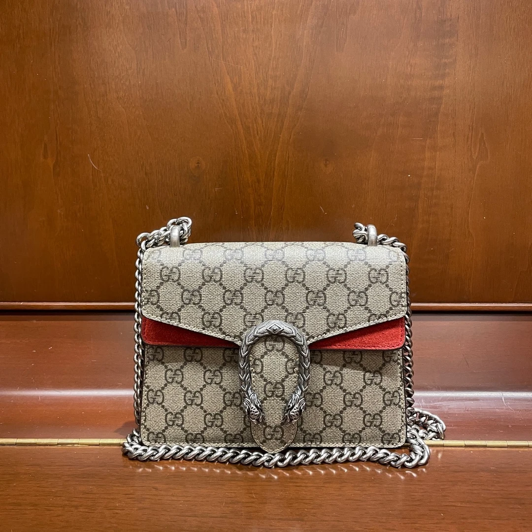 95新 GUCCI/古驰 Gucci酒神小号双G印花拼红色单肩包