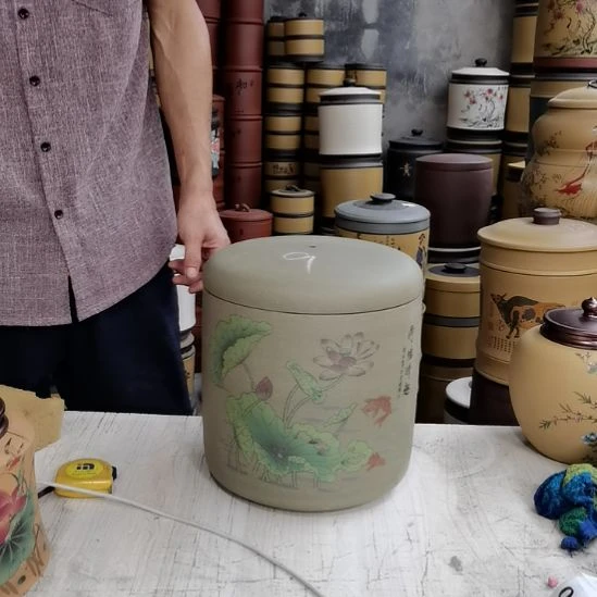 紫砂茶叶罐正品七饼直筒荷花9