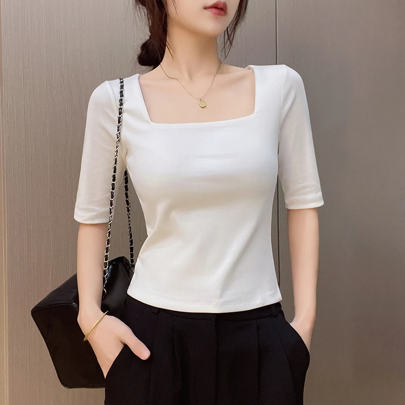 白色方领中袖T恤女设计感法式正肩显瘦半袖打底上衣2025秋季新款