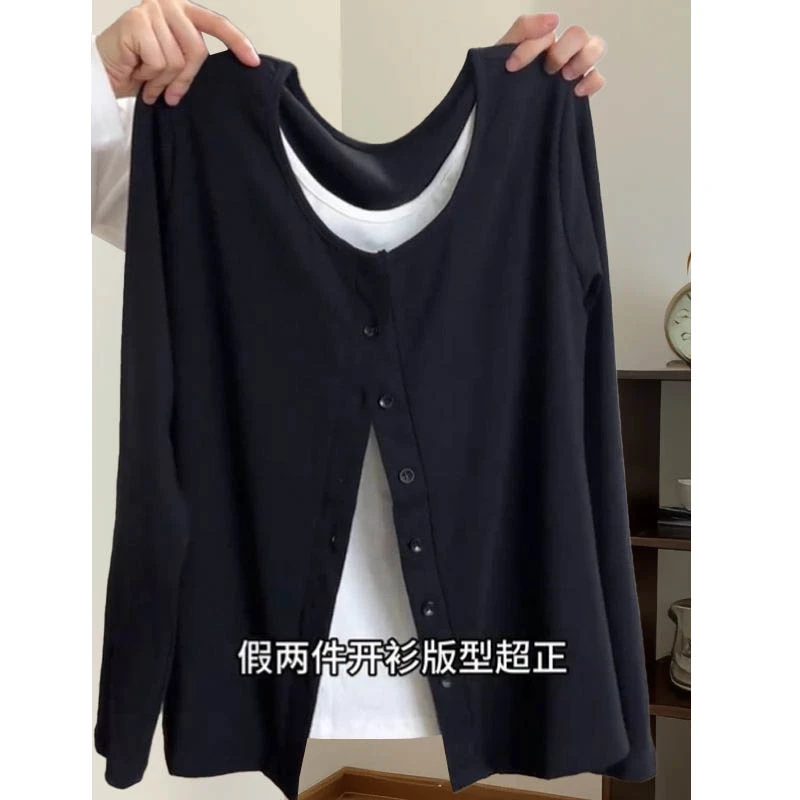 特大码200斤港风chic气质正肩开衫假两件上衣女春季薄款长袖t恤潮