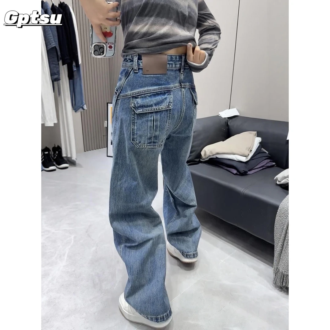 GPTSu大码弯刀阔腿牛仔裤女秋季2025新款胖mm显瘦宽松美式直筒裤