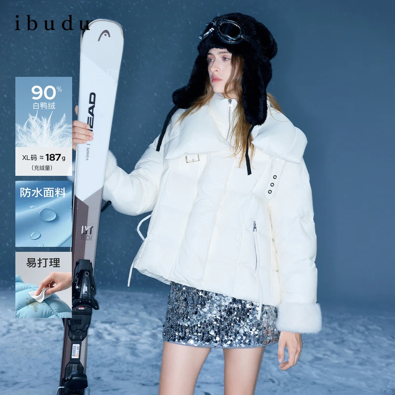 【防水易打理】三彩ibudu2025冬季新款立领羽绒服90白鸭绒面包服