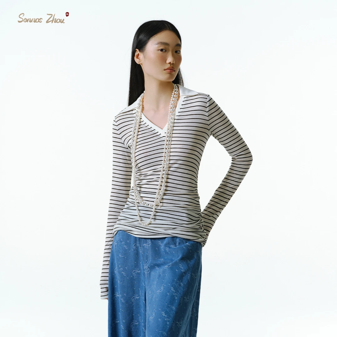 sennos zhou浪屡紊流抽褶V领polo条纹长袖Y57021