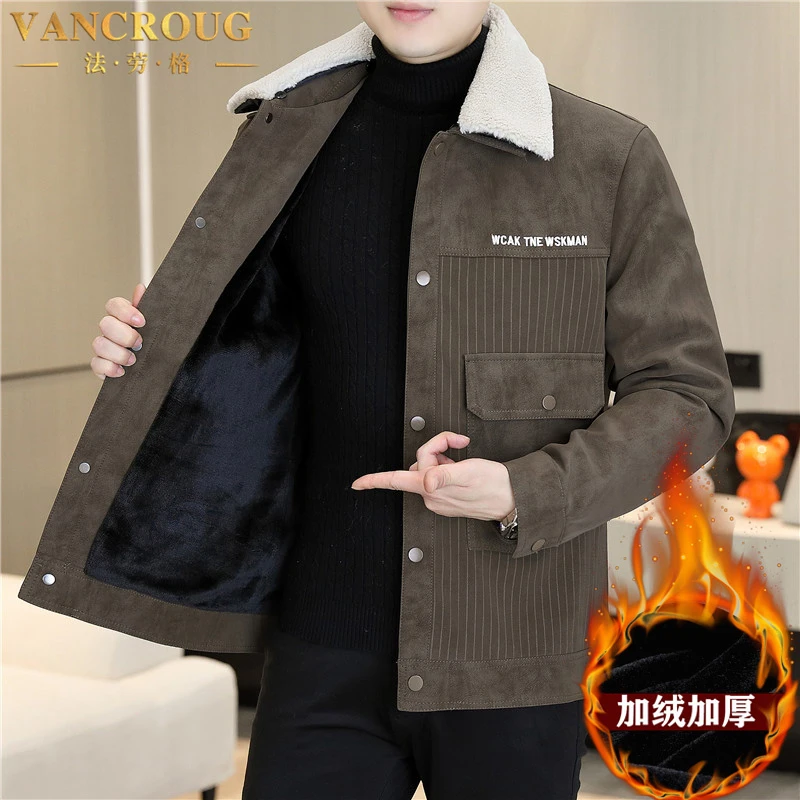 VANCROUG/法劳格夹克男士秋冬加绒加厚翻领痞帅高端保暖机车外套