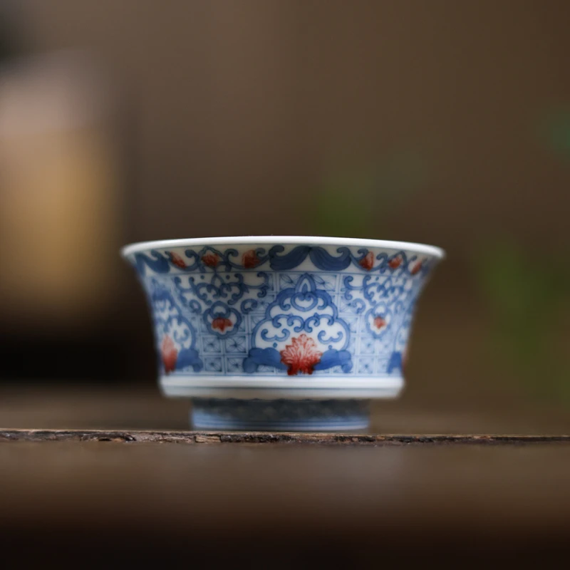 【见珊】青花釉里红敦煌宝相边饰马蹄杯（屹朴0129）