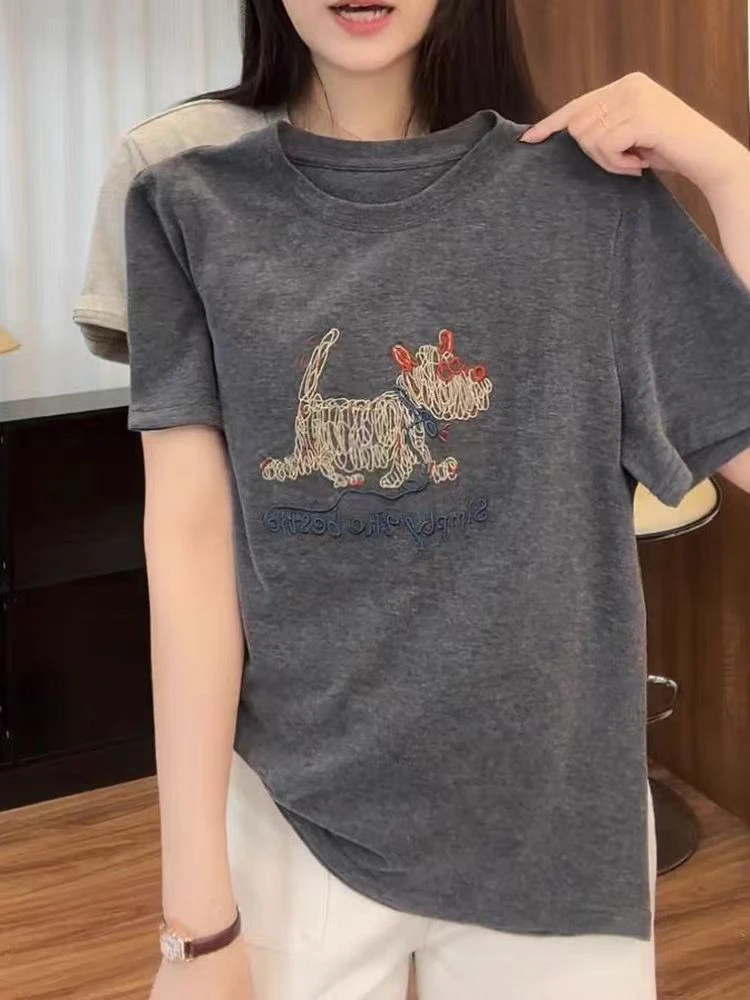重工绣花纯棉短袖t恤女2025夏季新款小众设计感宽松显瘦女士上衣