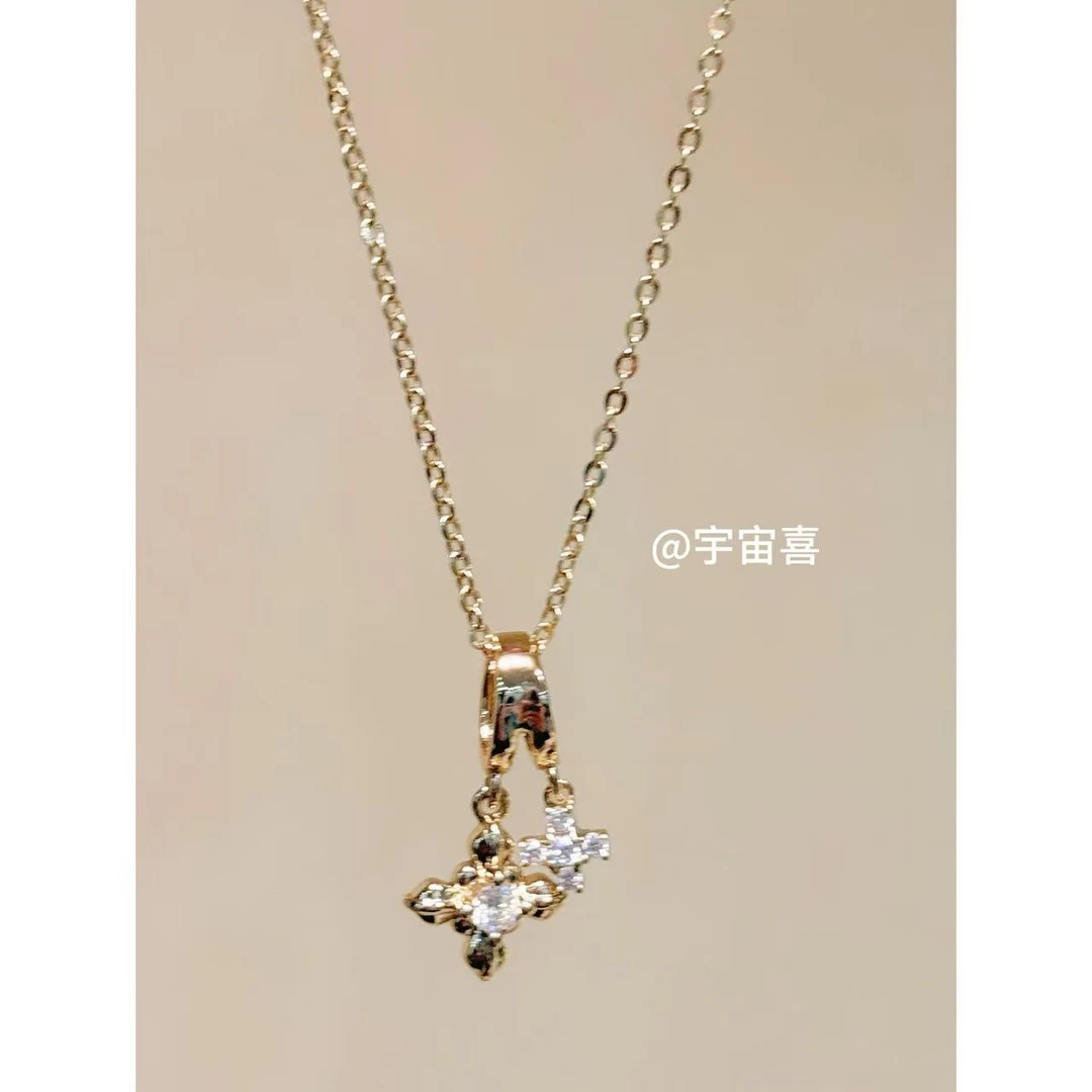 铜合金项链  I1-935【浅金色尖花方花细链项链】