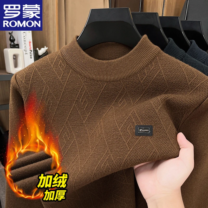 【一体绒】罗蒙男士秋冬季针织衫加厚保暖圆领休闲柔软毛衣打底衫男