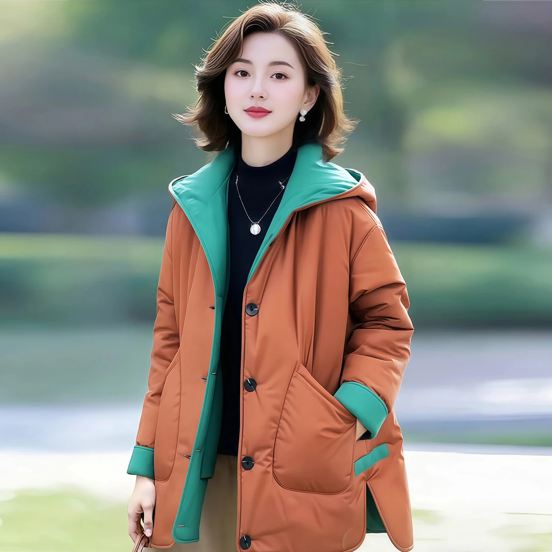 2025冬季双面穿中长款保暖时尚洋气宽松遮肉减龄百搭连帽棉衣棉服