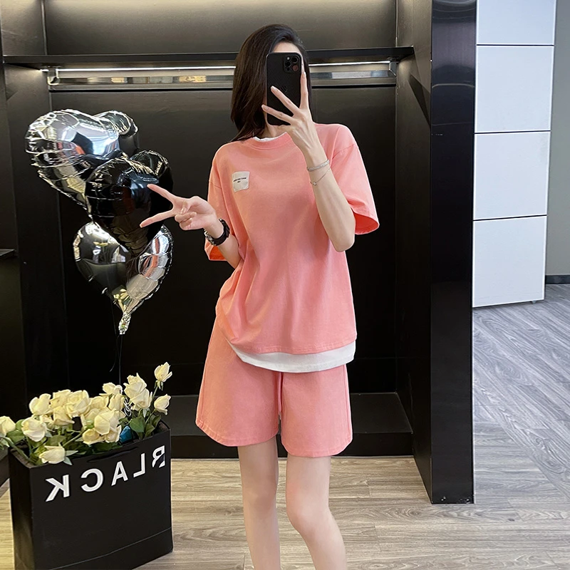 运动休闲套装女夏季穿搭时尚洋气新款宽松洋气减龄粉色T恤两件套
