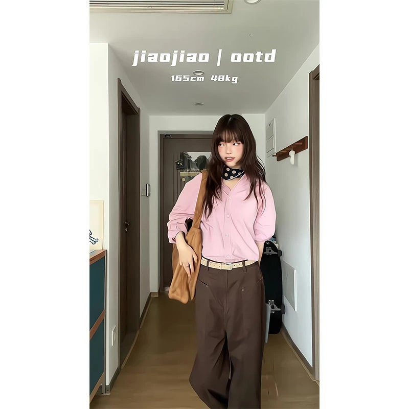 韩系时尚减龄粉色衬衫时尚百搭通勤显瘦长袖上衣显瘦直筒宽松裤子