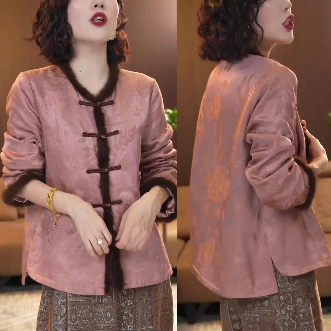 气质中国风时尚遮肉长袖保暖上衣秋冬新款复古新中式宽松圆领外套