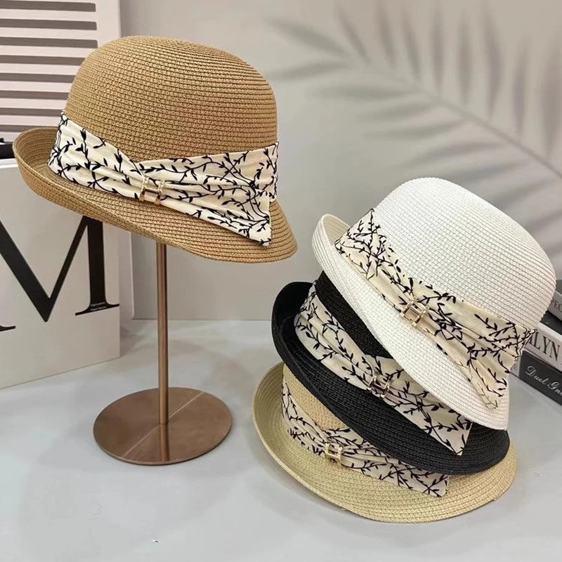 法式草帽女夏季时尚优雅遮阳帽度假休闲卷边短檐防晒帽蝴蝶结帽子