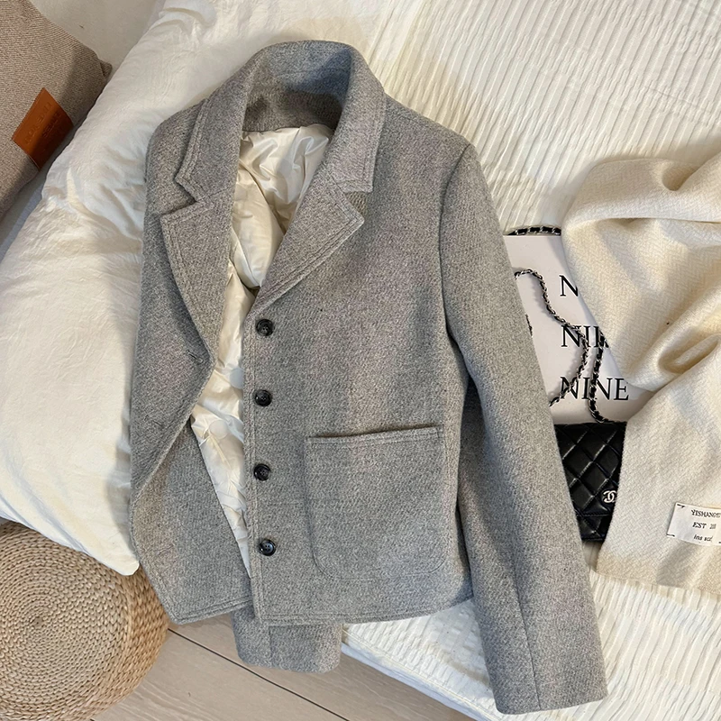 时尚新款灰色小个子保暖加厚西装短外套女冬季内里韩系小毛呢上衣