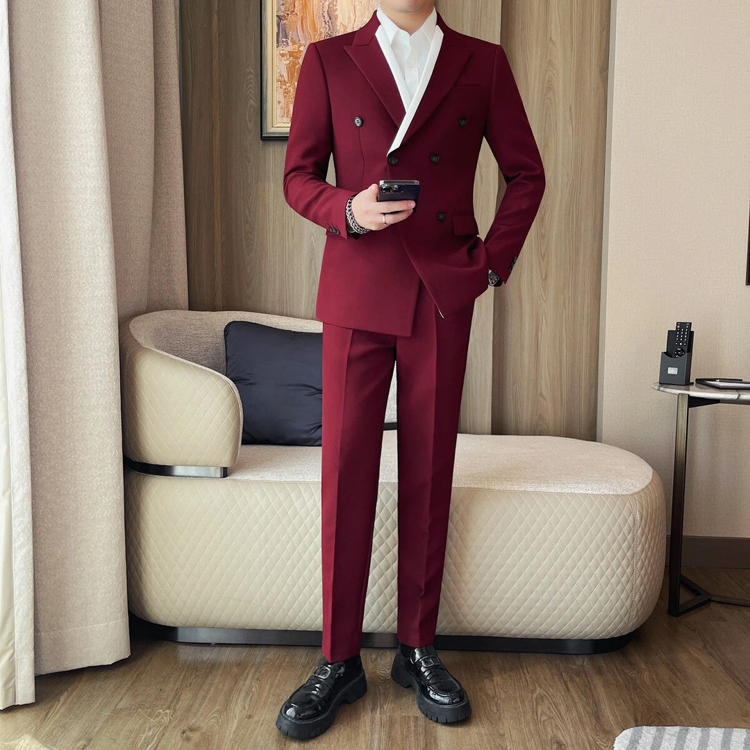 韩版商务西服上装拼色四季通用帅气纯色双排扣西服结婚春季